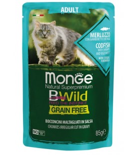 Monge BWild Cat Adult Bocconcini con Merluzzo, Gamberetti e Ortaggi 85 g. SEC01282